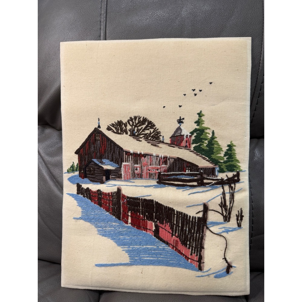 Vintage Handmade Crewel Embroidery Winter Barn Scene Folk Art Wall Decor 12x16